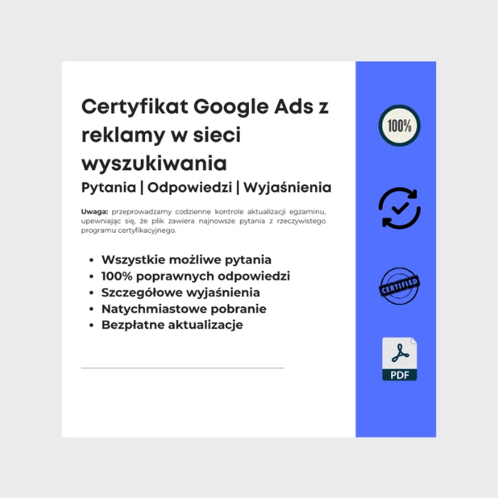 Obraz przedstawiający okładkę e-booka zatytułowanego Certyfikat Google Ads z reklamy w sieci wyszukiwania